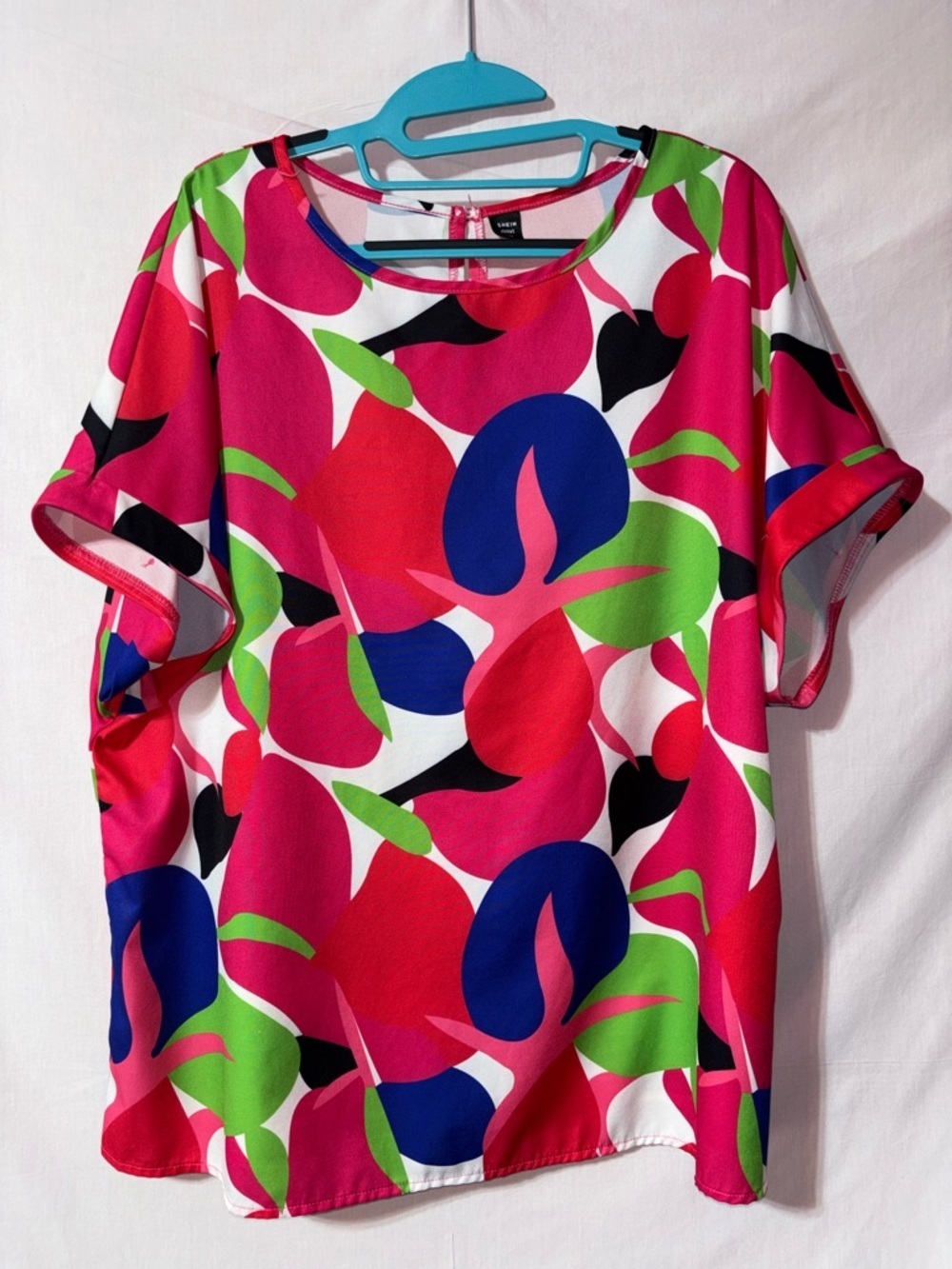 SHEIN Hot Pink Multicolor Abstract Floral Short Sleeve Blouse